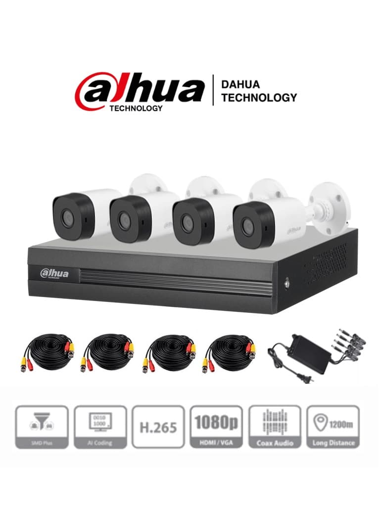 Kit                                                                                                                                                                                                                                 De Videovigilancia  Dahua Technology Kit/xvr1a04-i/4-b1a21n-0360b - 1080 P