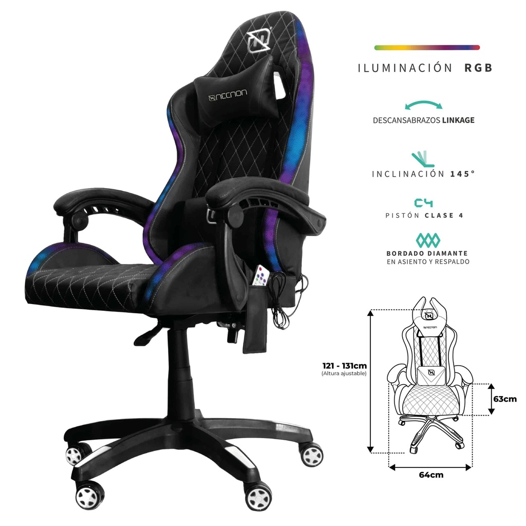 Silla                                                                                                                                        Gamer Rgb Inclinacion Respaldo 145° Clase 4 140-150kg Ngs-01 Foam 350mm 63cm*64cm*121-131cm Rueda 5 Pulgadas Cojin Lumbar Y Cabeza Negro/blanco -
