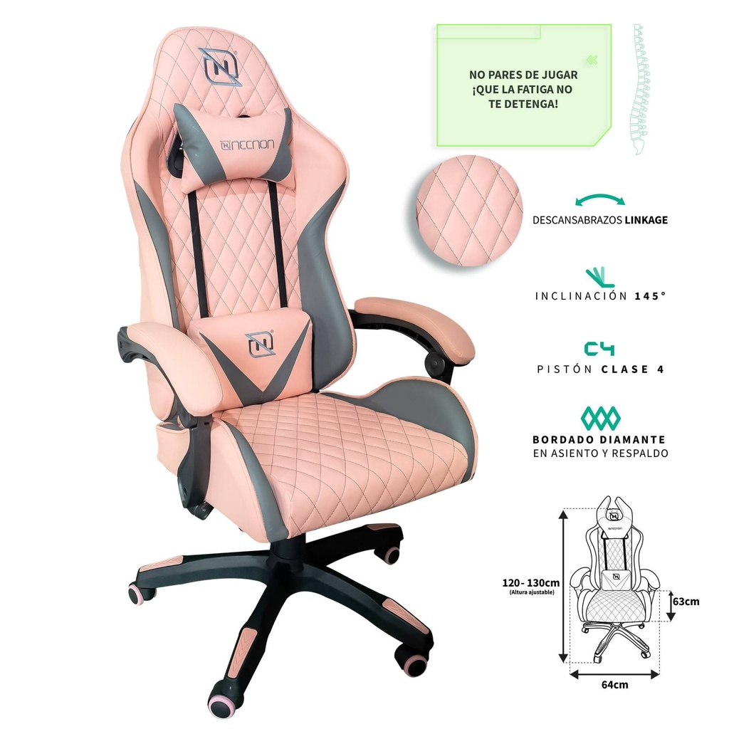 Silla                                                                                                                                                           Gamer Inclinacion Respaldo 145 Clase 4 140-150kg Ngs-01 Foam 350mm 63cm*64cm*121-131cm Cojin Lumbar Y Cabeza Rosa/gris -